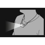 Ilustrace použití čelovky PETZL Bindi nošené kolem krku s osvětlením vpřed - E102AA00