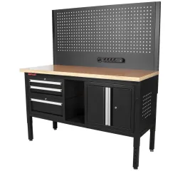 Dílenský stůl EXPERT se zástěnou a 3 moduly, 152 cm, dřevěná deska - TSP6024BAL4
