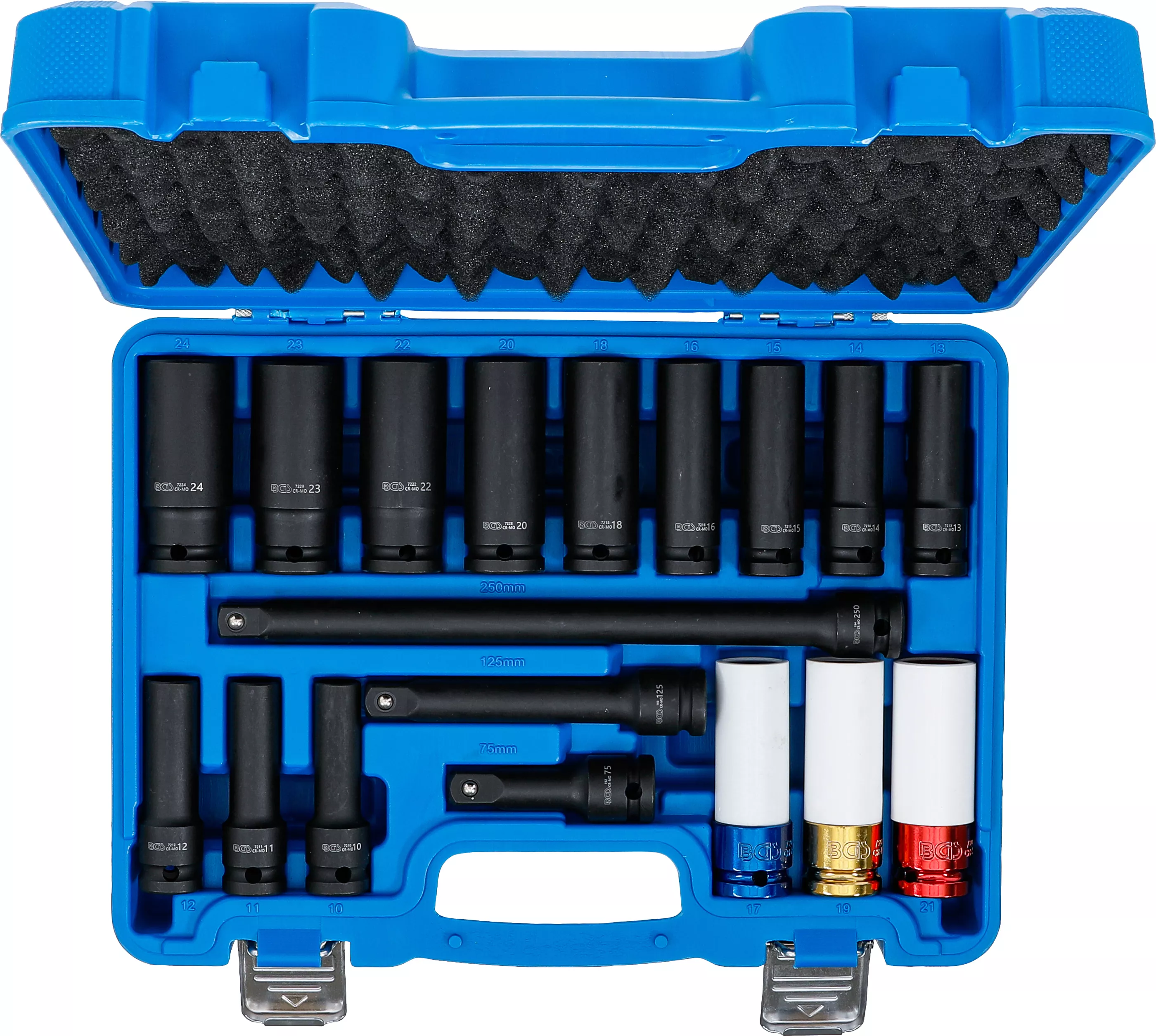 Detail sady nástrčných klíčů BGS - B5202 Detail uspořádání silových hlavic a nástavců v sadě BGS - B5202