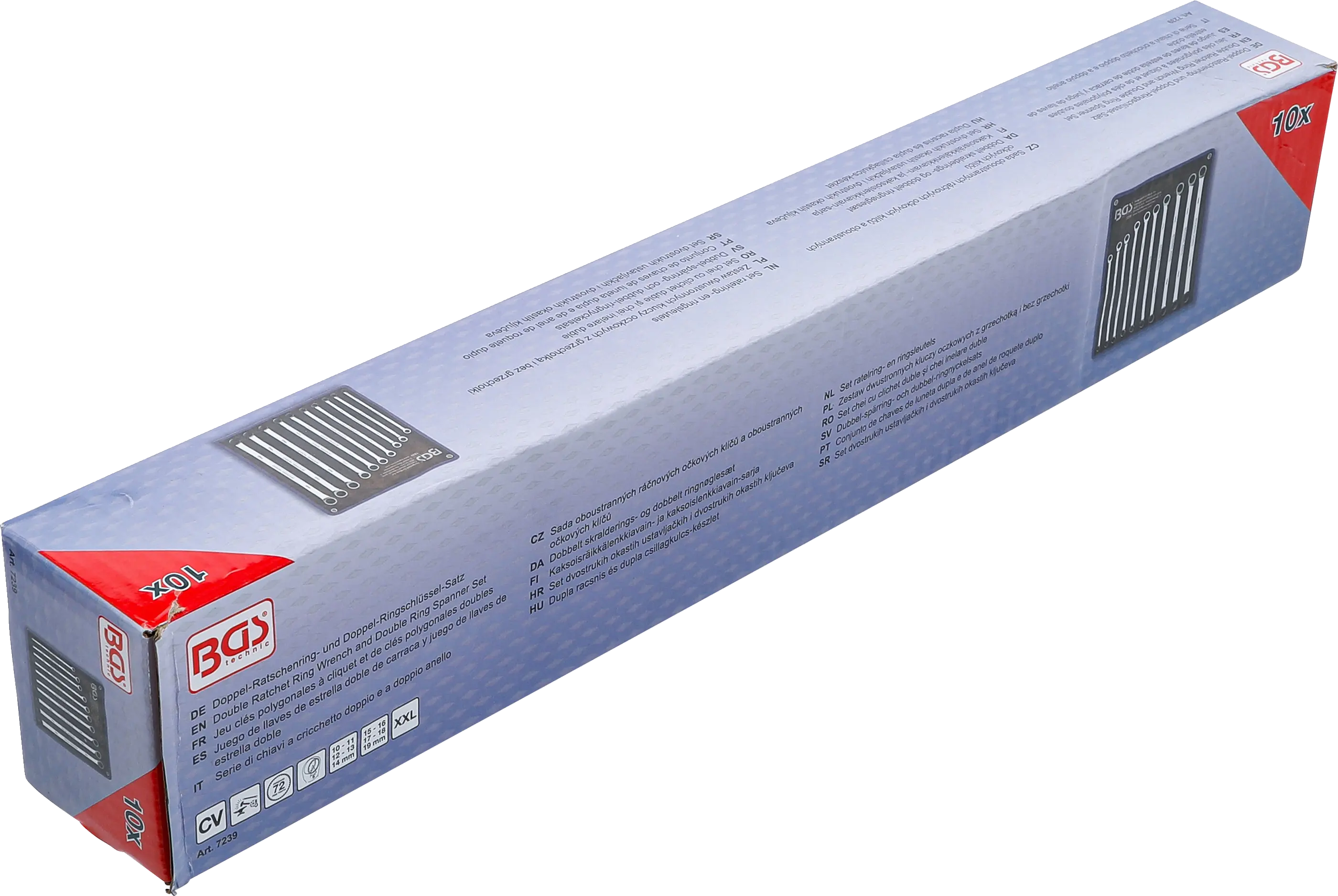 Balení sady ráčnových očkových dlouhých klíčů BGS - B7239 Prodejní balení sady ráčnových očkových klíčů BGS - B7239