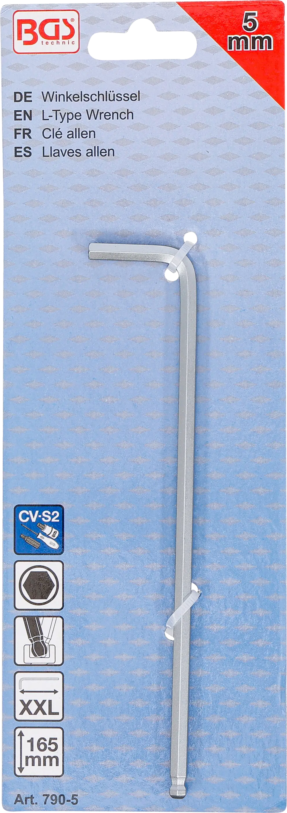 Balení klíče BGS - B790-5 Balení dlouhého zahnutého klíče 5 mm s kulovou hlavou