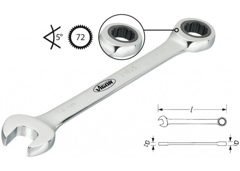 Ráčnový očkoplochý klíč,  SW 12 mm, dlouhé provedení VIGOR V1022