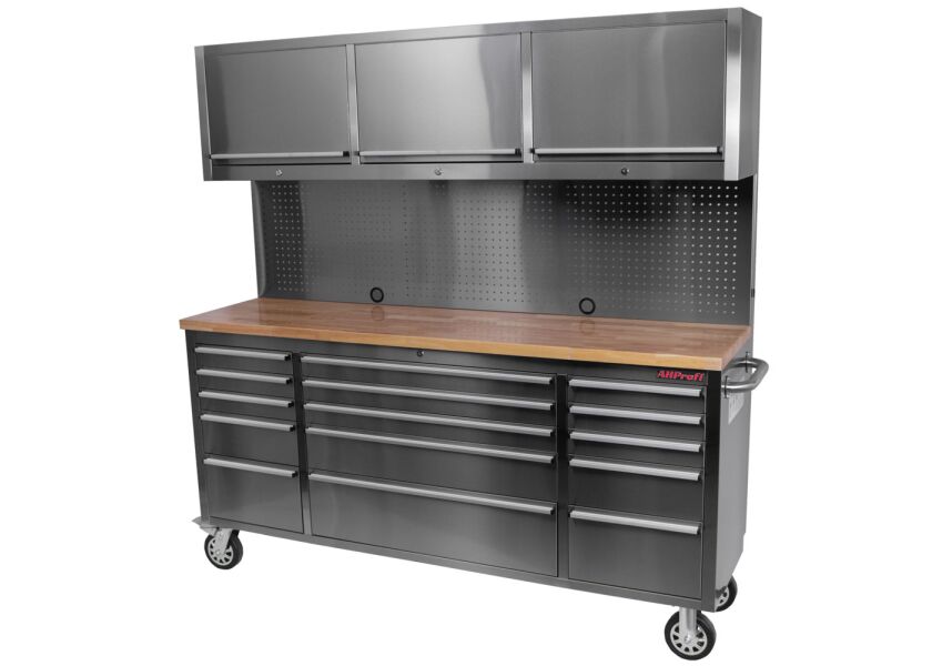 Pojízdný pracovní stůl s děrovanou deskou a horními skříňkami - AH7218