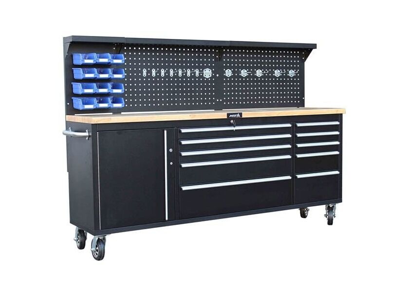 Pojízdný pracovní stůl s děrovanou deskou, 10 zásuvek - ATRUCK