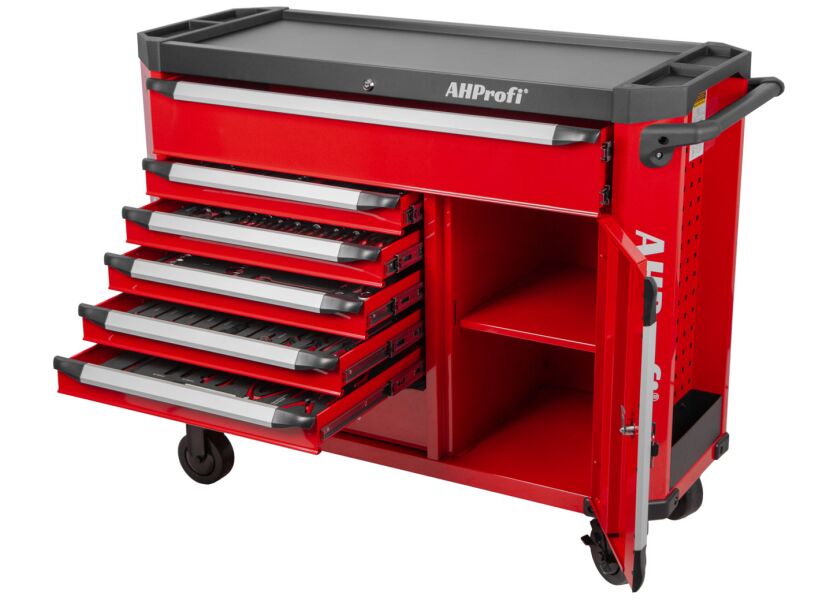 Červený vybavený široký dílenský vozík, 7 zásuvek - AH470071BAL