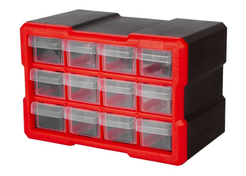 Organizér s 12 zásuvkami k děrované desce - červený/černý/transparentní - MW7012