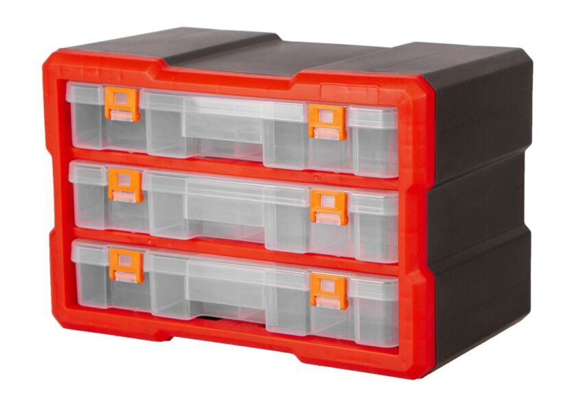 Organizér se 3 zásuvkami k děrované desce - červený/černý/transparentní - MW7013