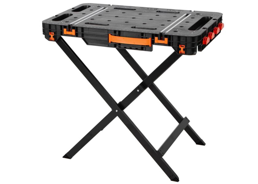 Skládací pracovní stůl TACTIX s pevnou konstrukcí, černý s oranžovými prvky - TC326160