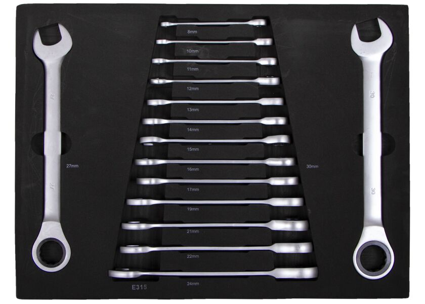 Sada ráčnových očkoplochých klíčů 15 dílů ve výplni do dílenských vozíků - VV015RK01