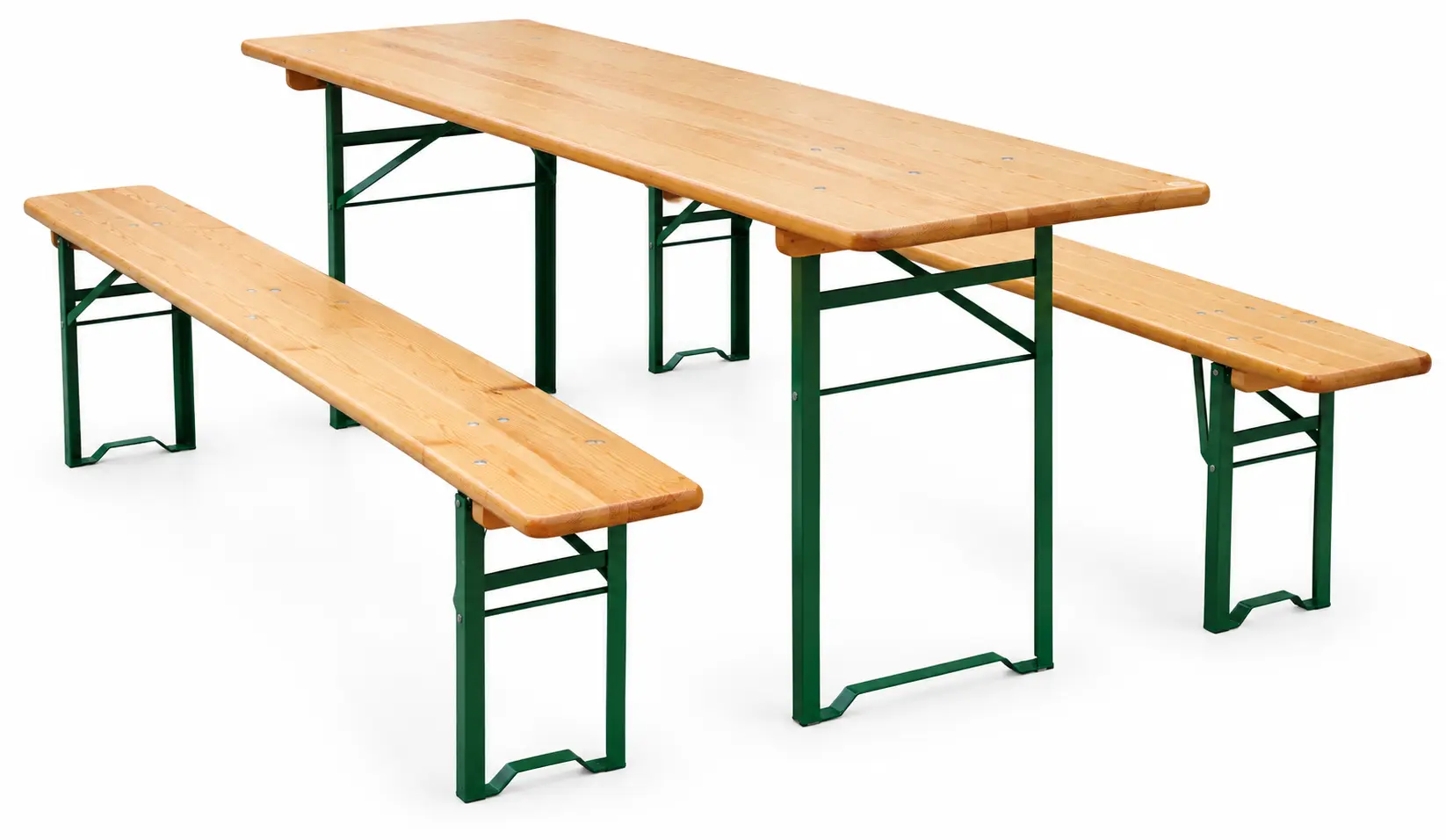 Pivní set s borovicovými deskami a skládací konstrukcí Pivní set se stolem a lavicemi na skládacích kovových nohách
