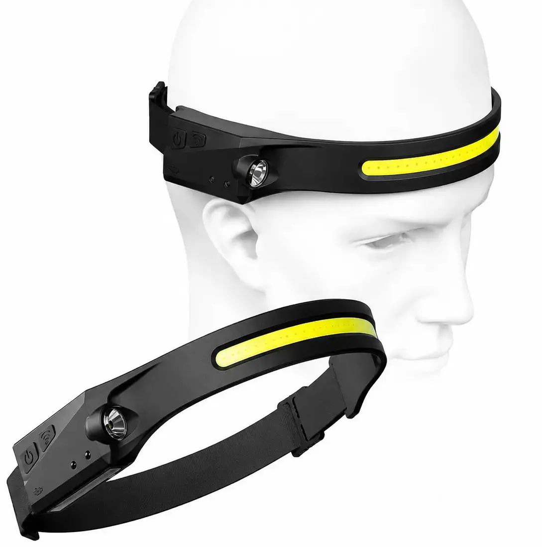 Detail čelové lampy COB LED s pohybovým senzorem Detail dobíjecí čelové lampy s COB panelem, XPE LED a pohybovým senzorem