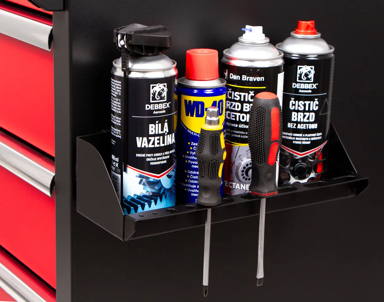 Magnetická polička s držákem šroubováků 290 × 99 × 25 mm Magnetická polička s držákem šroubováků o rozměrech 290 × 99 × 25 mm