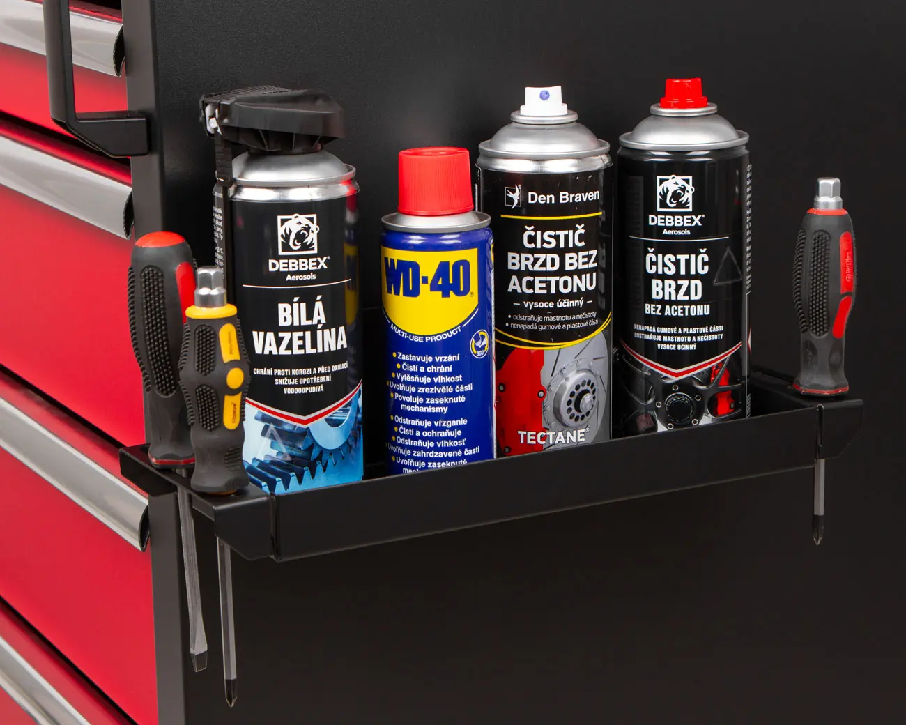 Velká magnetická polička s držákem šroubováků 290 × 112 × 30 mm Velká magnetická polička s držákem šroubováků 290 × 112 × 30 mm