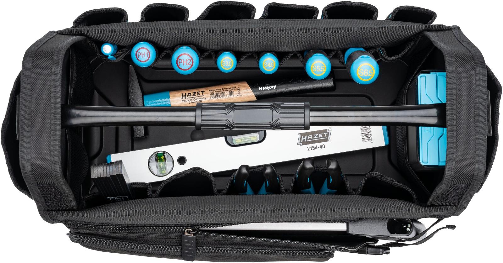 Taška na nářadí HA275373 s nářadím – pohled shora Taška na nářadí HA275373 s nářadím a otevřeným víkem, pohled shora