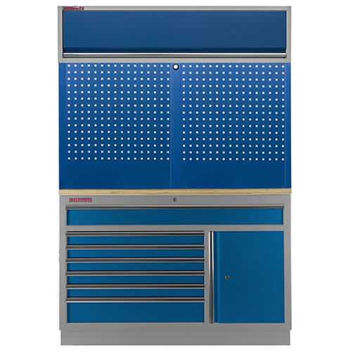 Sestava 8 ks dílenského nábytku PROFI BLUE s dřevěnou pracovní deskou