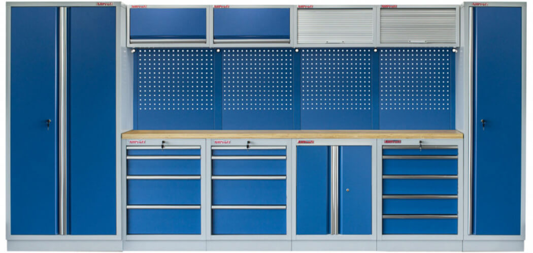 Sestava 21 ks dílenského nábytku PROFI BLUE s dřevěnou pracovní deskou Sestava 21 ks dílenského nábytku PROFI BLUE s dřevěnou pracovní deskou