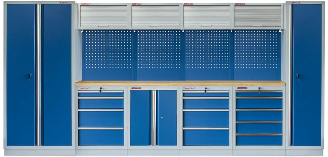 Sestava 21 ks dílenského nábytku PROFI BLUE s dřevěnou pracovní deskou Sestava 21 ks dílenského nábytku PROFI BLUE s dřevěnou pracovní deskou