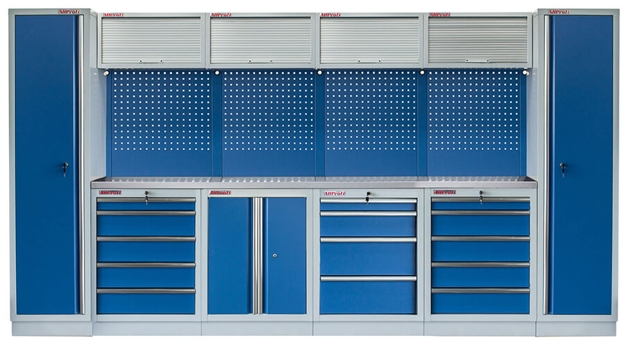 Sestava 21 ks dílenského nábytku PROFI BLUE s nerezovou pracovní deskou