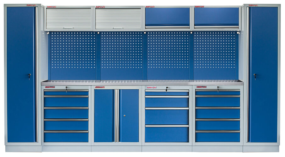 Sestava 21 ks dílenského nábytku PROFI BLUE s nerezovou pracovní deskou Sestava 21 ks dílenského nábytku PROFI BLUE s nerezovou pracovní deskou