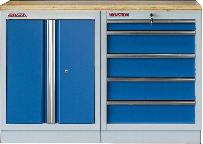 Sestava 3 ks dílenského nábytku PROFI BLUE s dřevěnou pracovní deskou Sestava 3 ks dílenského nábytku PROFI BLUE s dřevěnou pracovní deskou