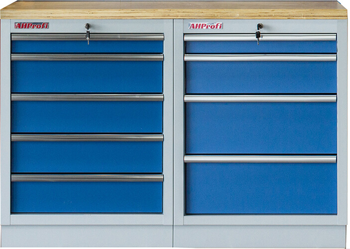 Sestava 3 ks dílenského nábytku PROFI BLUE s dřevěnou pracovní deskou