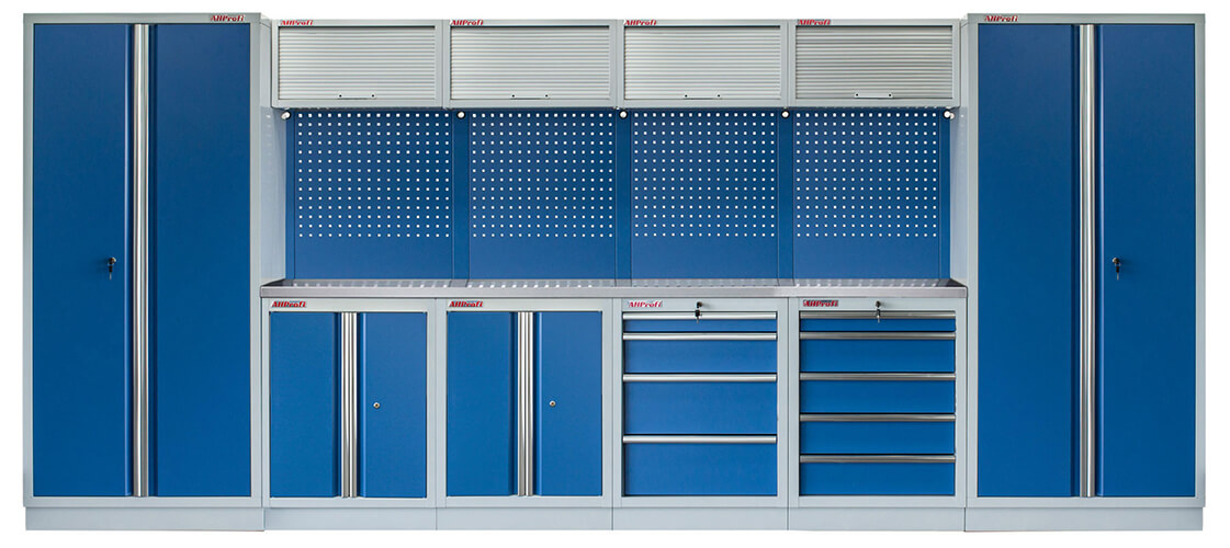 Sestava 21 ks dílenského nábytku PROFI BLUE s nerezovou pracovní deskou Sestava 21 ks dílenského nábytku PROFI BLUE s nerezovou pracovní deskou