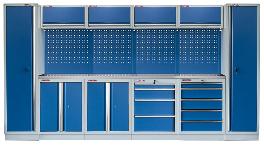 Sestava 21 ks dílenského nábytku PROFI BLUE s nerezovou pracovní deskou Sestava 21 ks dílenského nábytku PROFI BLUE s nerezovou pracovní deskou