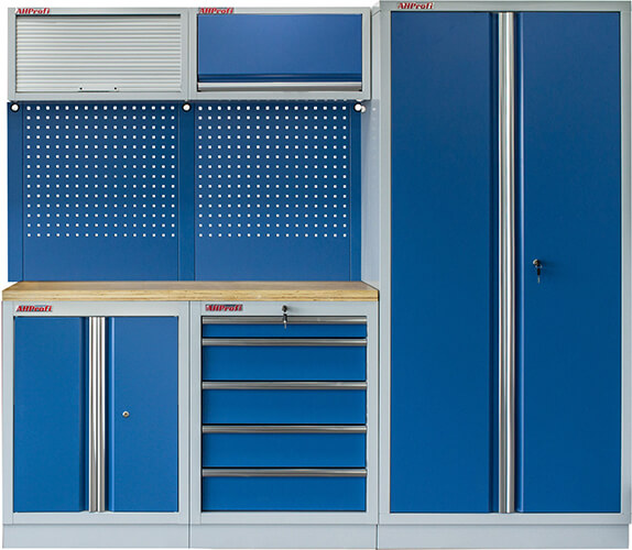 Sestava 21 ks dílenského nábytku PROFI BLUE s dřevěnou pracovní deskou Sestava 21 ks dílenského nábytku PROFI BLUE s dřevěnou pracovní deskou