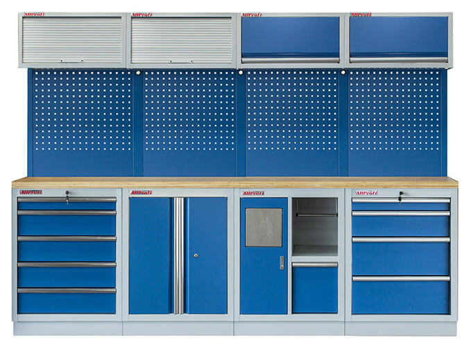Sestava 19 ks dílenského nábytku PROFI BLUE s dřevěnou pracovní deskou Sestava 19 ks dílenského nábytku PROFI BLUE s dřevěnou pracovní deskou