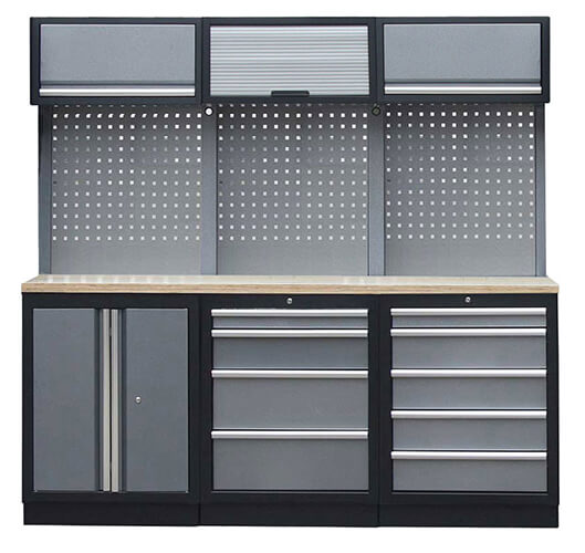 Sestava 14 ks dílenského nábytku PROFI GREY s dřevěnou pracovní deskou Sestava 14 ks dílenského nábytku PROFI GREY s dřevěnou pracovní deskou
