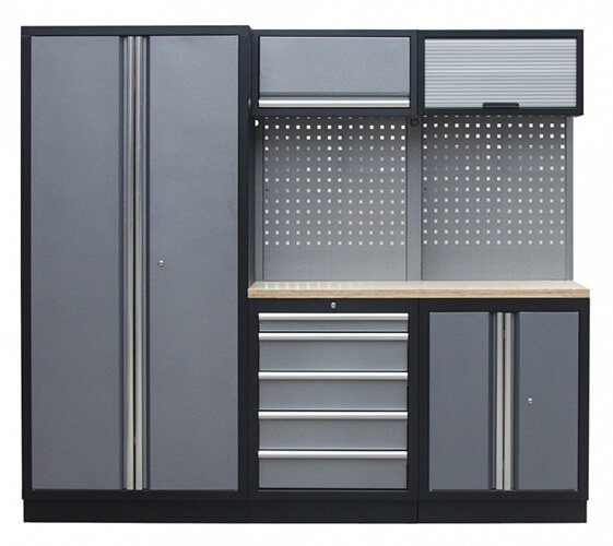 Sestava 11 ks dílenského nábytku PROFI GREY s dřevěnou pracovní deskou Sestava 11 ks dílenského nábytku PROFI GREY s dřevěnou pracovní deskou