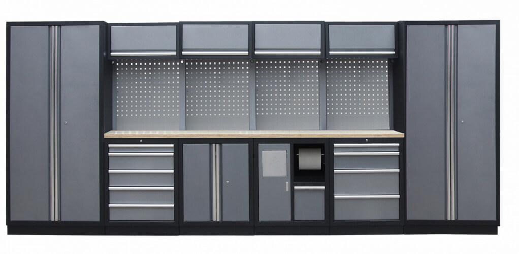 Sestava 21 ks dílenského nábytku PROFI GREY s dřevěnou pracovní deskou Sestava 21 ks dílenského nábytku PROFI GREY s dřevěnou pracovní deskou