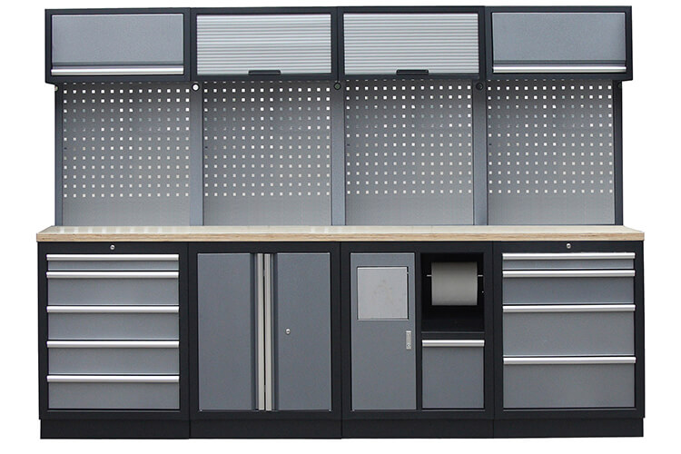 Sestava 19 ks dílenského nábytku PROFI GREY s dřevěnou pracovní deskou Sestava 19 ks dílenského nábytku PROFI GREY s dřevěnou pracovní deskou