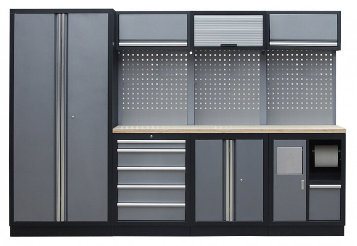 Sestava 15 ks dílenského nábytku PROFI GREY s dřevěnou pracovní deskou Sestava 15 ks dílenského nábytku PROFI GREY s dřevěnou pracovní deskou