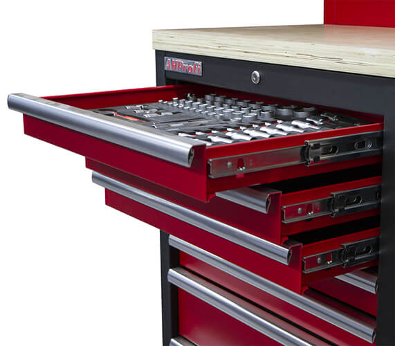 Dílenská zásuvková skříňka PROFI RED s kvalitními kuličkovými pojezdy