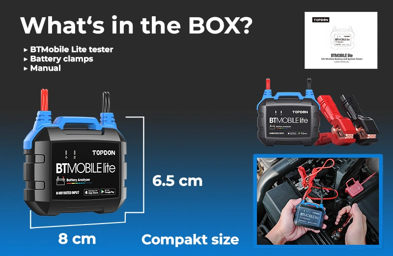 Obsah balení testeru baterií TOPDON BTMobile Lite
